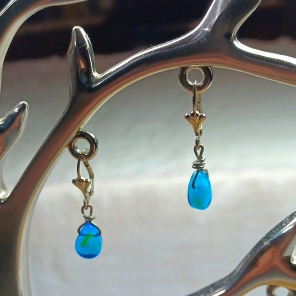 HandMade Blue Glass Tear Drop Silver Earrings - Picture 1 of 4